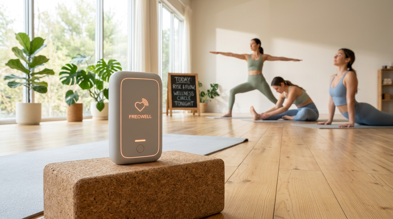 Yoga-Studio mit Freqwell im Vordergrund