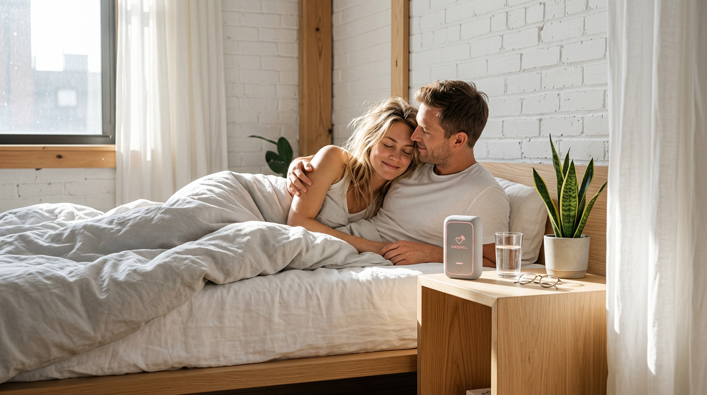Paar in einem hellen Schlafzimmer mit Freqwell auf dem Nachttisch